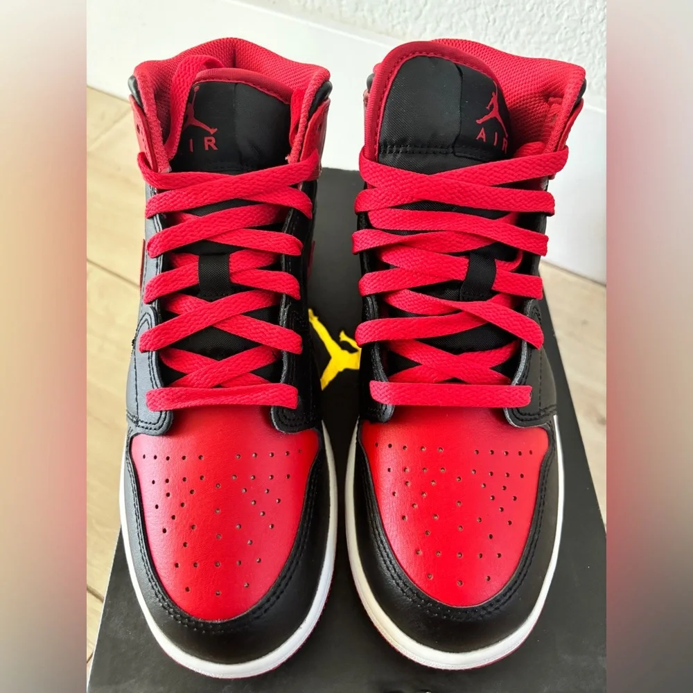 NEW Jordan 1 Mid - Black/Fire Red-White - Picture 5 of 13
